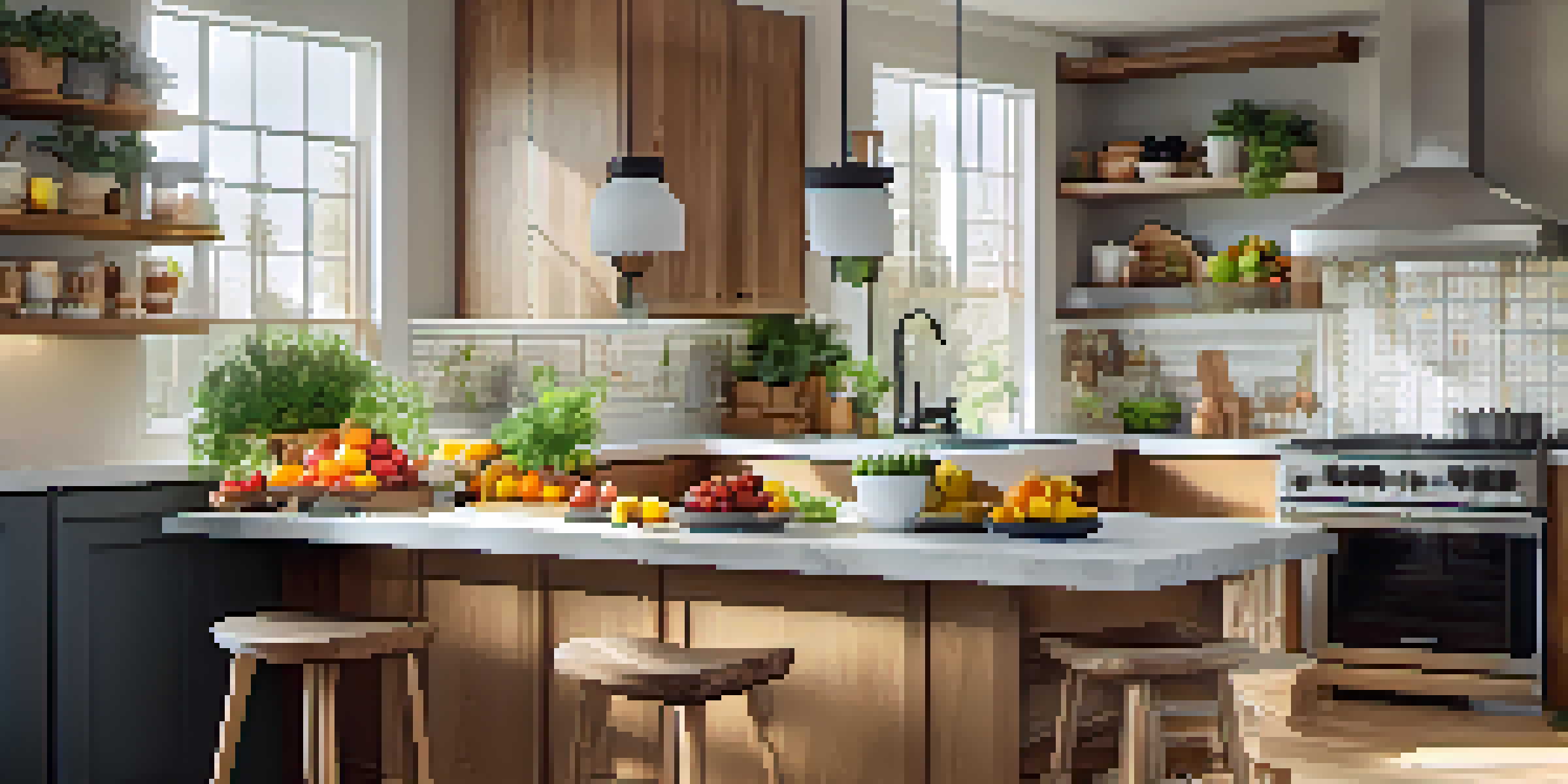 A modern, inviting kitchen with an island, wooden cabinets, and fresh herbs on the countertop, illuminated by natural light.