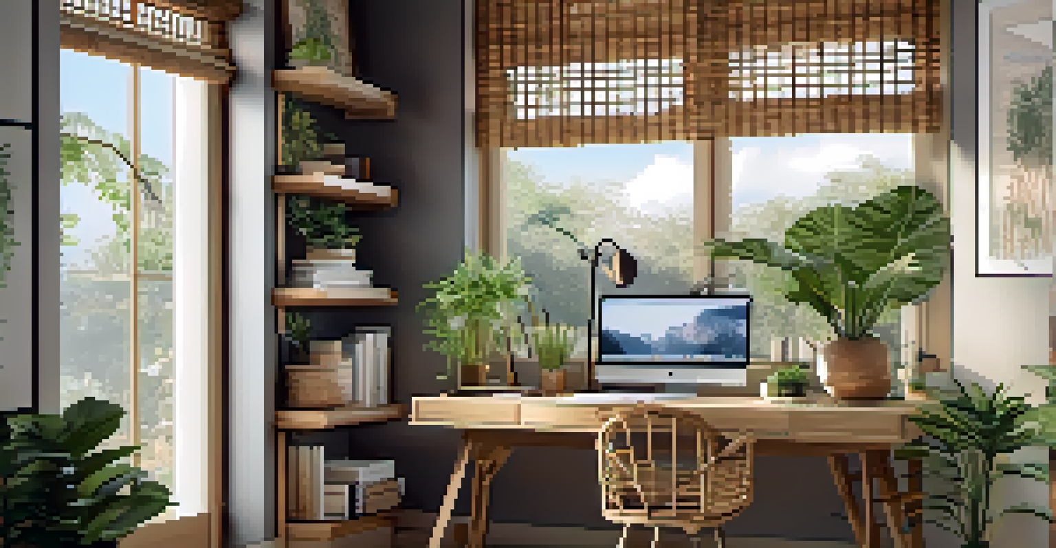 A cozy home office with a skylight, bamboo desk, rattan chair, and indoor plants, designed with natural materials and warm tones.