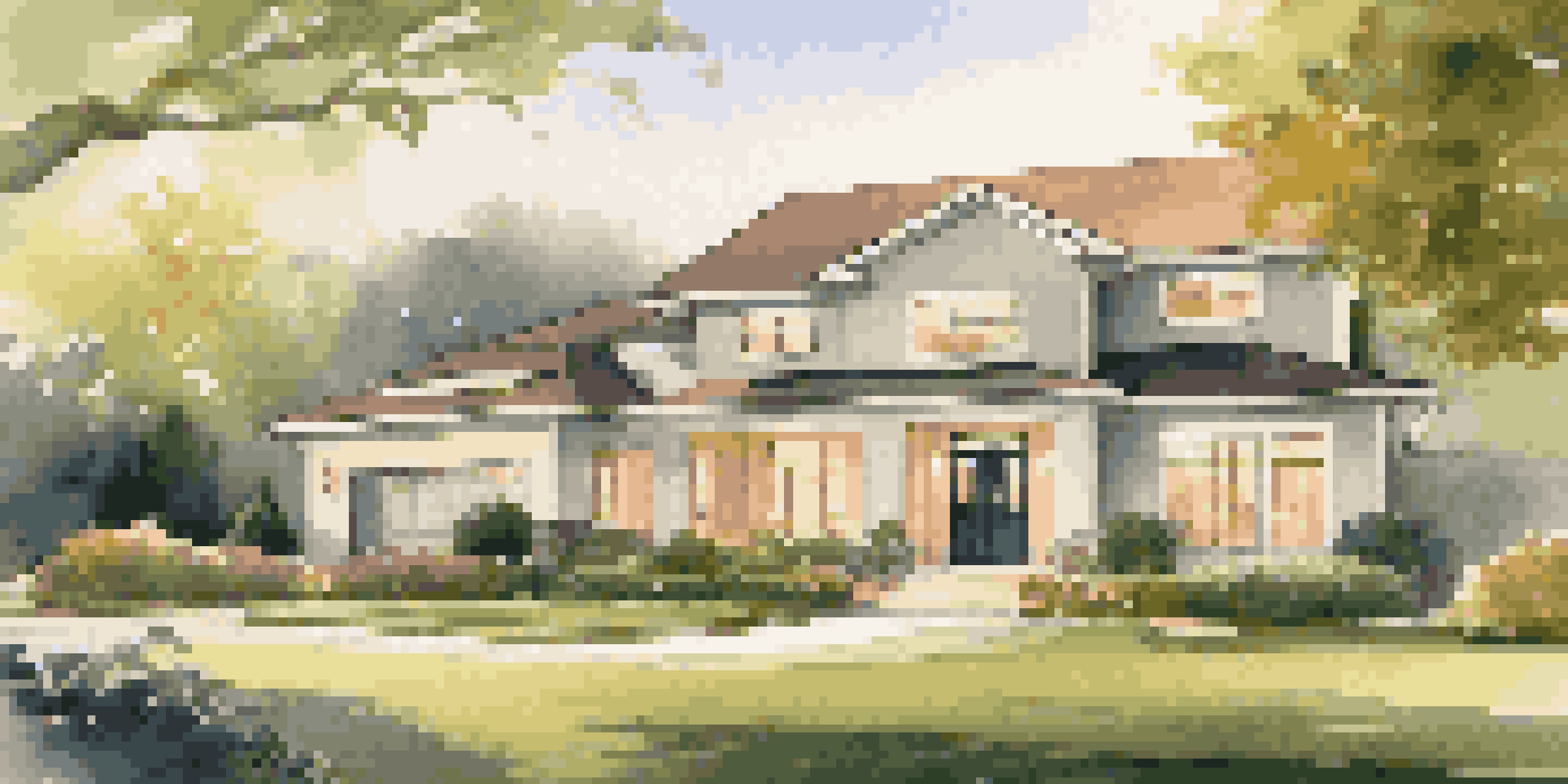 A modern suburban home with a home office, surrounded by greenery, illuminated by warm sunlight during golden hour.