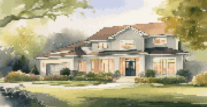 A modern suburban home with a home office, surrounded by greenery, illuminated by warm sunlight during golden hour.