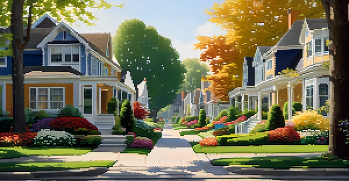 A vibrant suburban neighborhood with colorful houses and manicured lawns under warm sunlight.