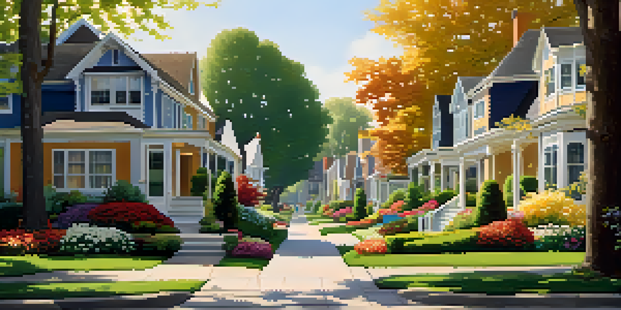 A vibrant suburban neighborhood with colorful houses and manicured lawns under warm sunlight.