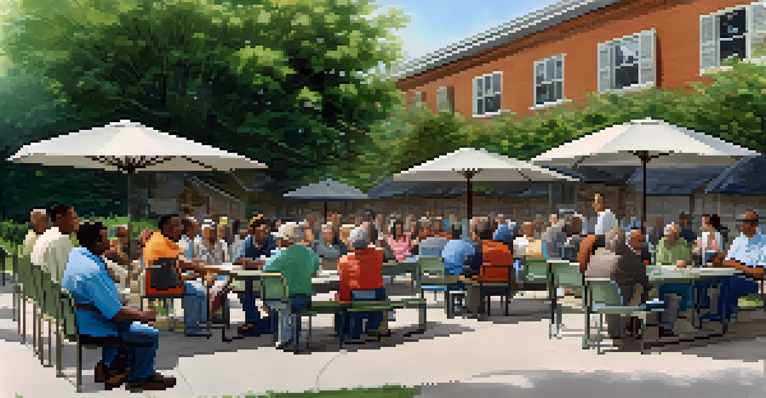 A community safety meeting outdoors with residents discussing initiatives in a well-maintained green space.