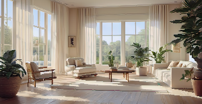 A spacious living room filled with natural light from large windows, featuring light-colored walls and furniture, with plants near the windows.