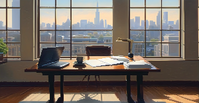 A real estate office with a wooden desk, laptop, city skyline view, and a house model.
