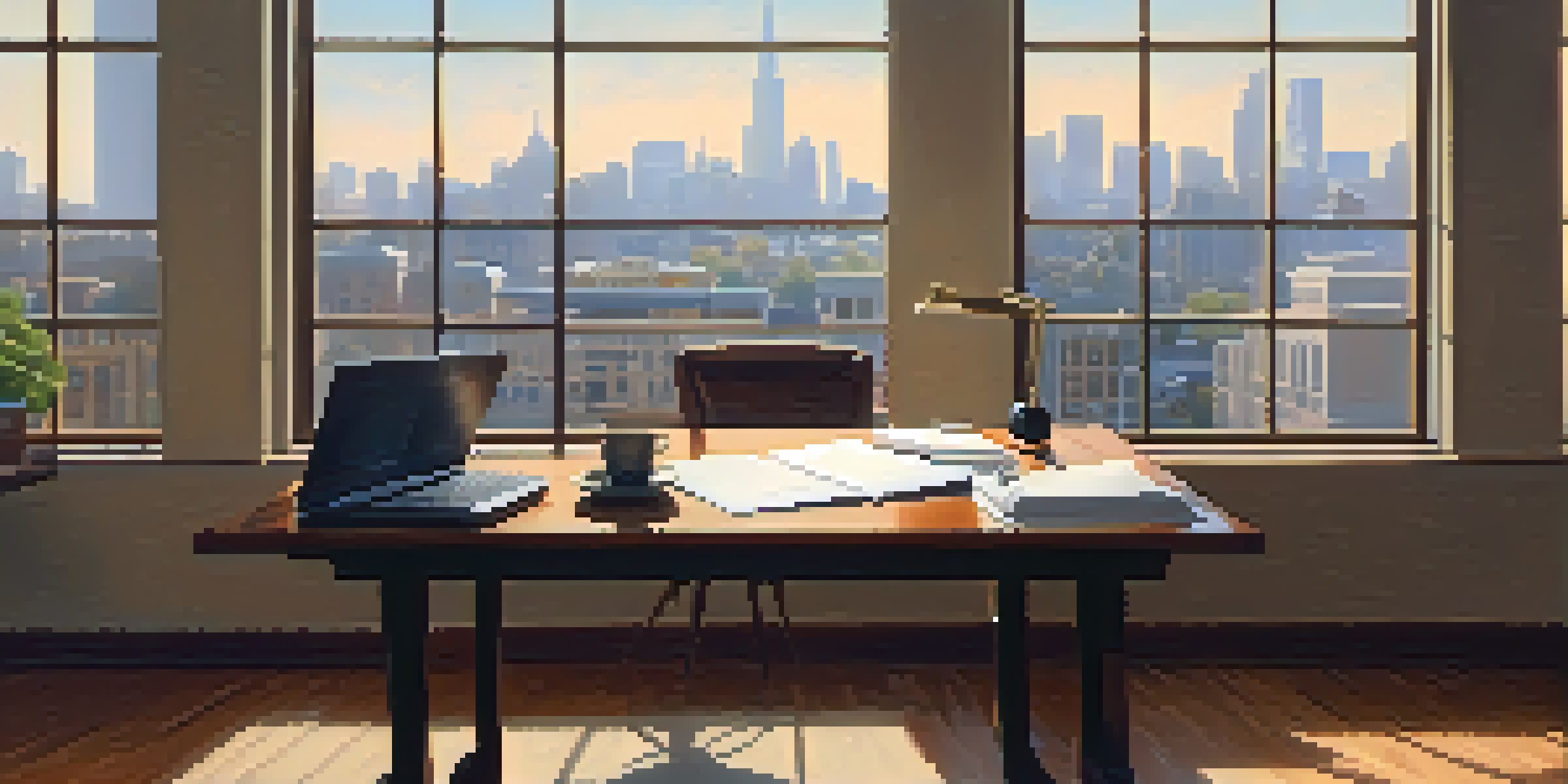 A real estate office with a wooden desk, laptop, city skyline view, and a house model.