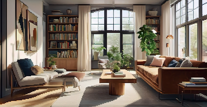 A cozy open-concept living room with a tall bookshelf dividing a reading nook from a social area, illuminated by natural light.