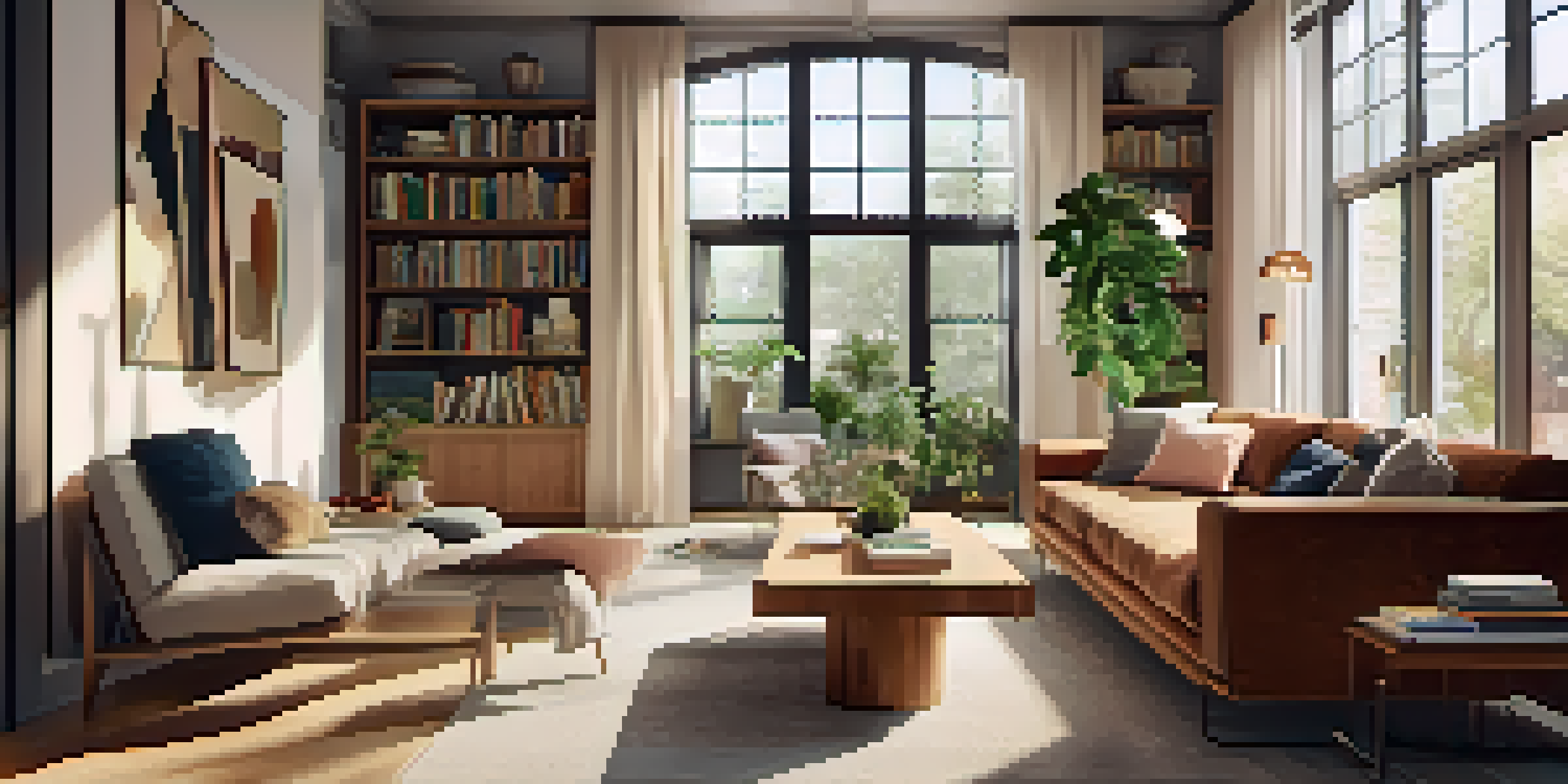 A cozy open-concept living room with a tall bookshelf dividing a reading nook from a social area, illuminated by natural light.