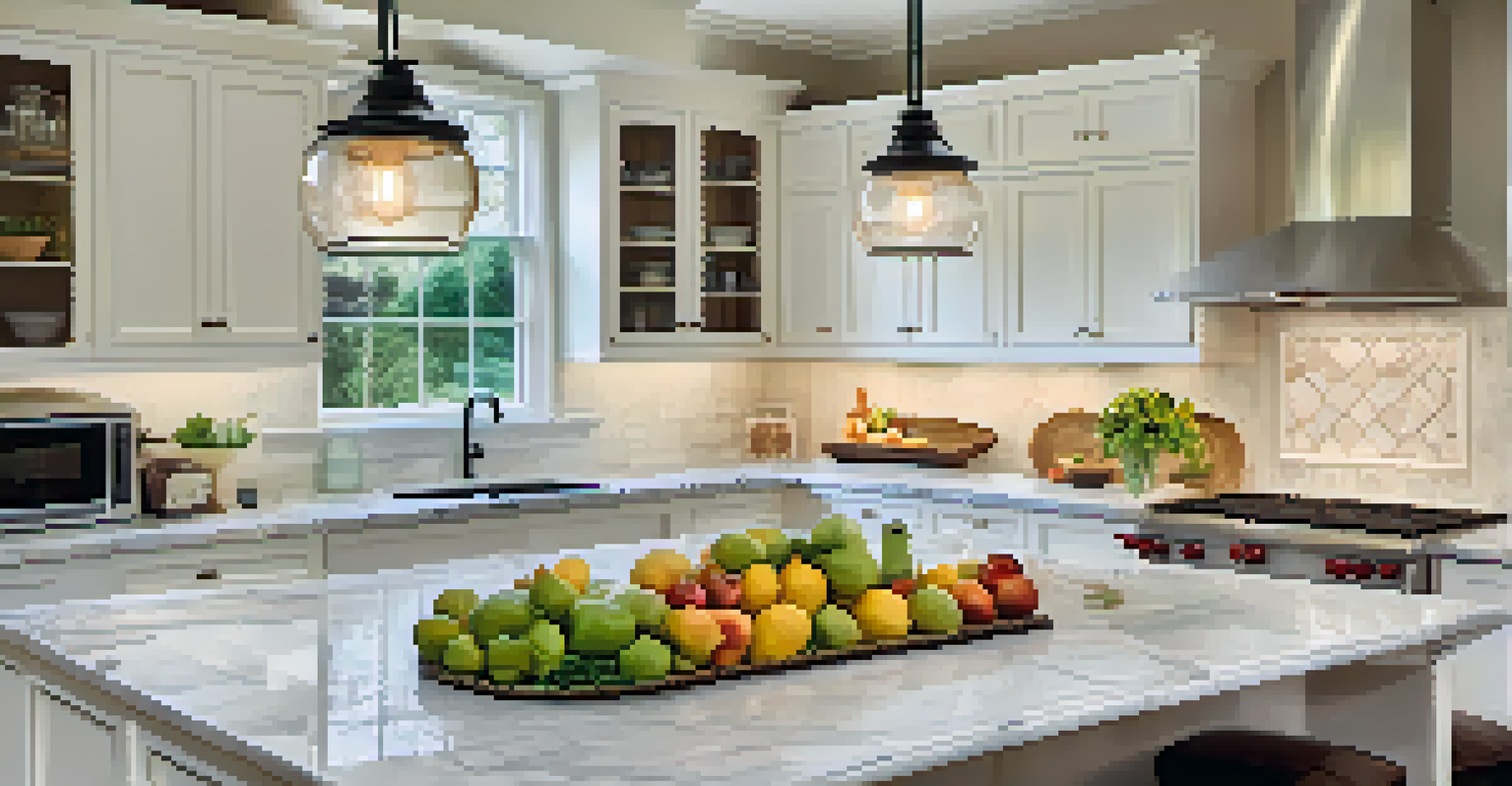 A sleek and elegant kitchen featuring marble countertops, stainless steel appliances, and a kitchen island with fresh fruits.