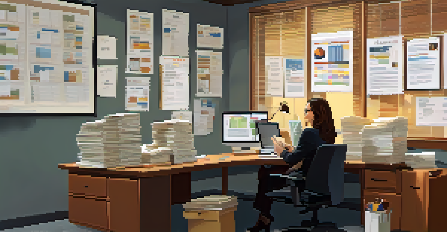 A middle-aged woman working as an escrow agent, surrounded by paperwork in a well-organized office.