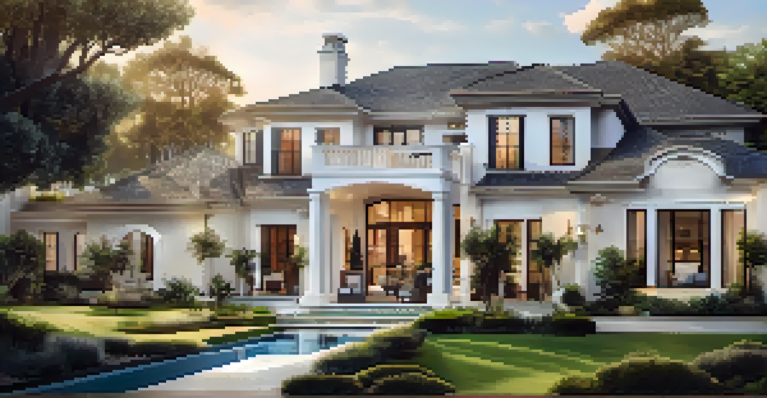 A visually appealing social media post showcasing a luxurious home with a garden, featuring overlay text about its key features.