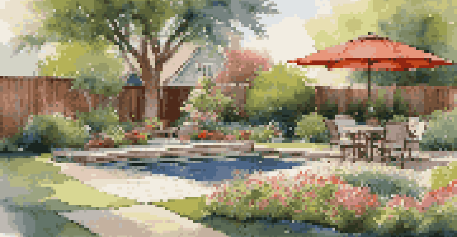 A tranquil backyard garden with a lush lawn, colorful flowers, a wooden patio set, and a small fountain, illuminated by warm evening light.