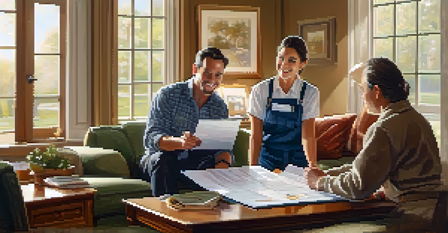 A couple and a home inspector discussing an inspection report in a cozy living room.