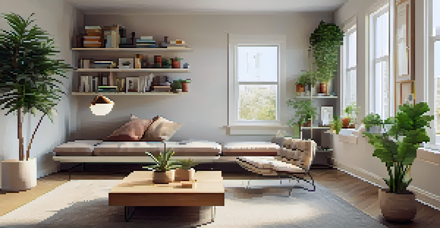 A modern living room with floating shelves, a large mirror, and light-colored decor, reflecting natural light.