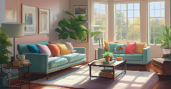 A warm and inviting living room with comfortable furniture, natural light, and decorative elements.