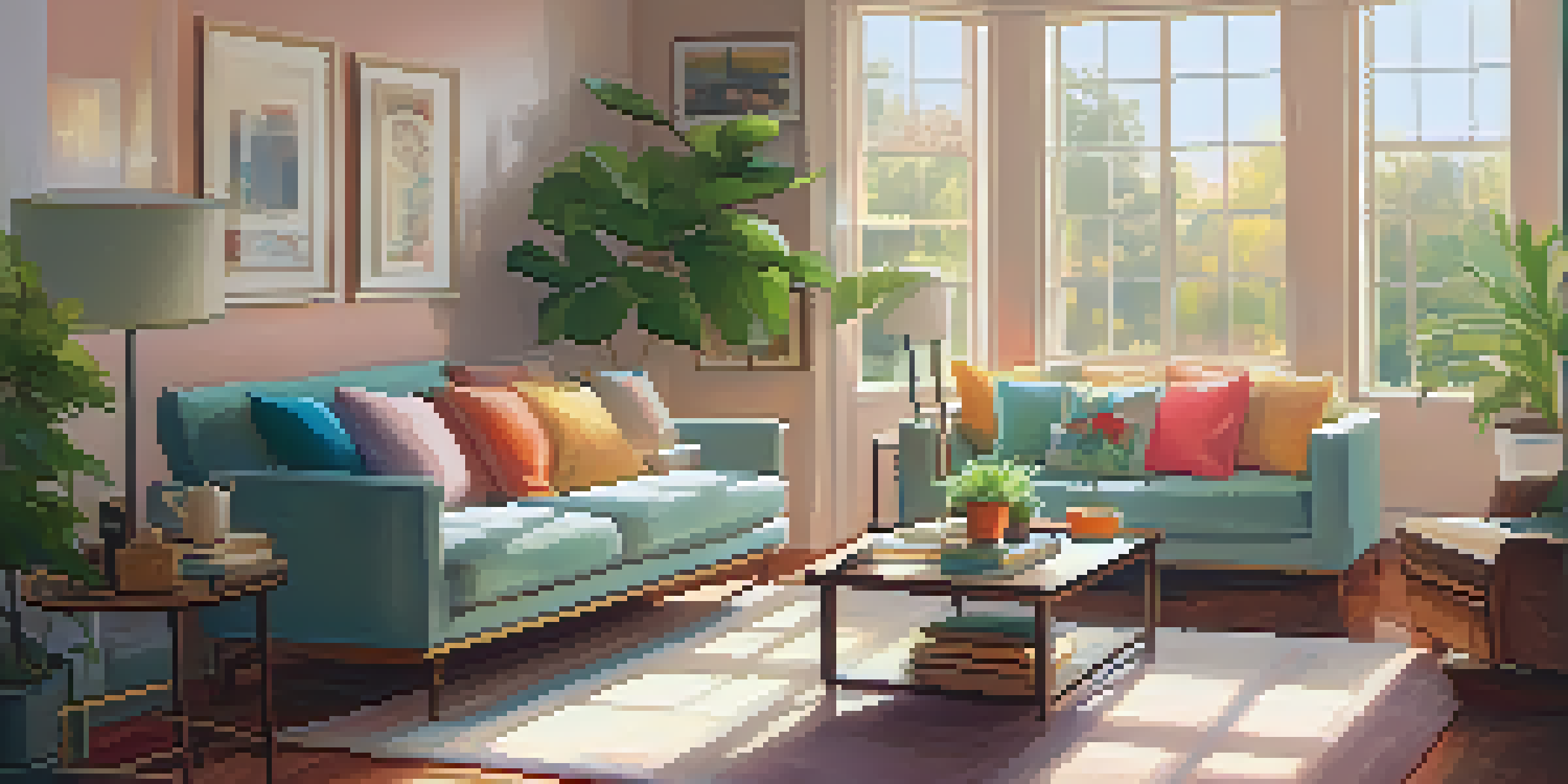 A warm and inviting living room with comfortable furniture, natural light, and decorative elements.