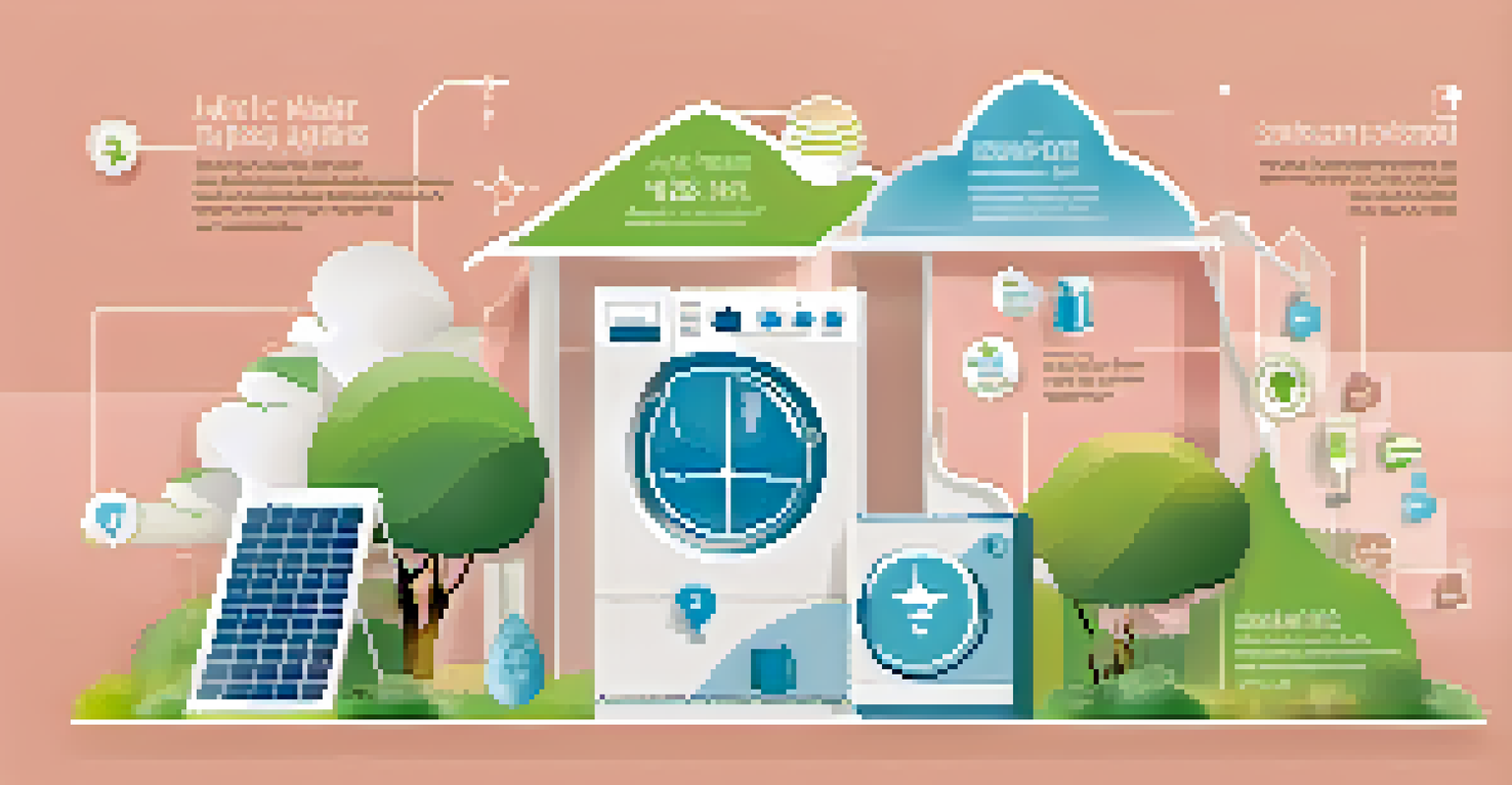 An infographic highlighting the benefits of eco-friendly appliances with icons for energy savings and sustainable materials on a pastel background.