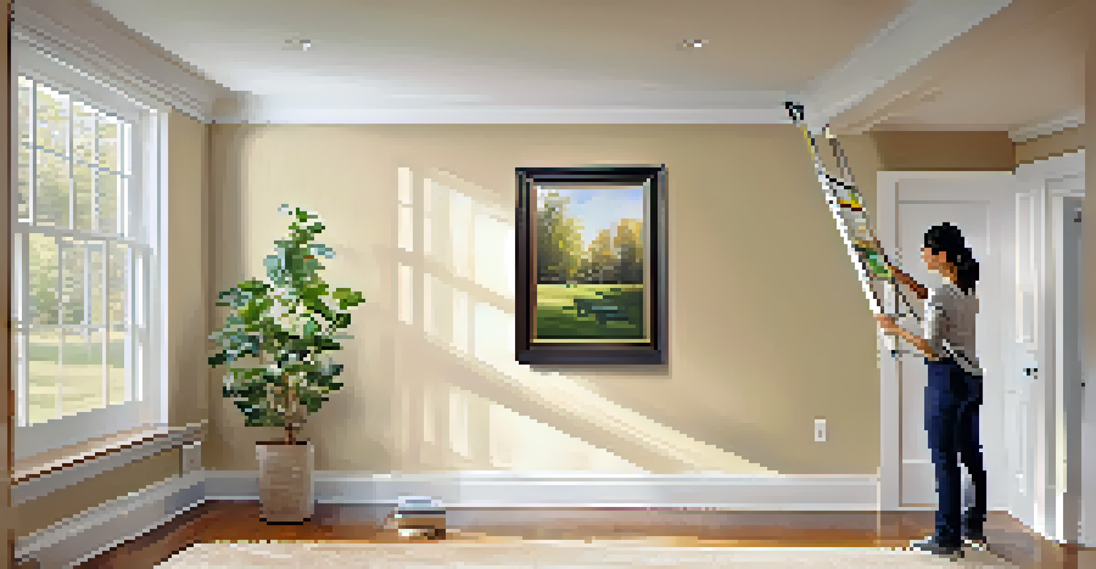 A person using a level to hang a picture frame on a wall, ensuring it is straight.