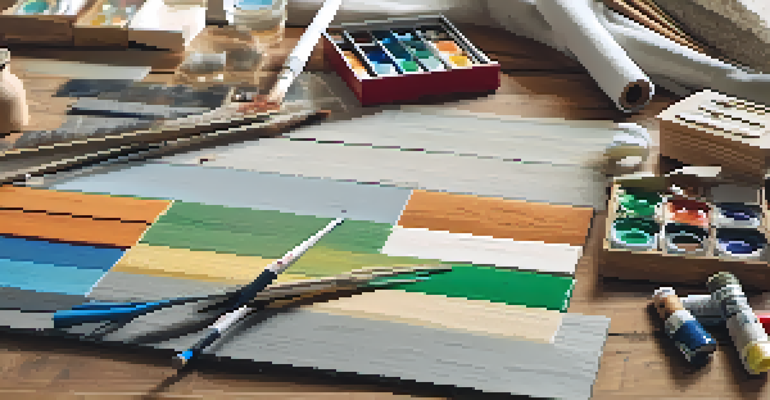 A selection of eco-friendly renovation materials including reclaimed wood and recycled tiles, arranged on a wooden table with design plans.