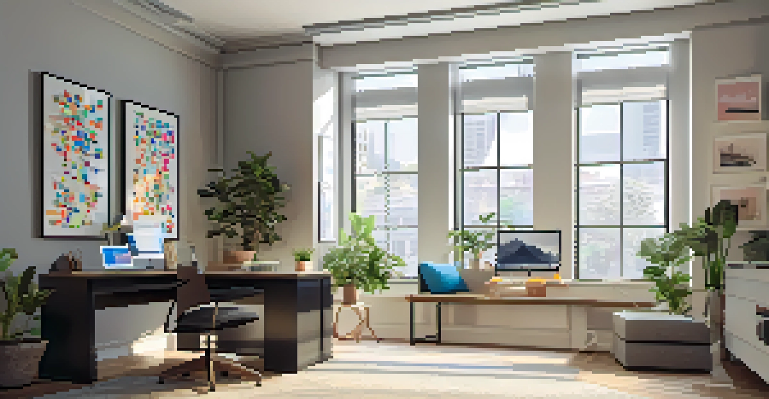 A modern home office with a sleek desk, ergonomic chair, and a bright window, showcasing a large computer monitor.