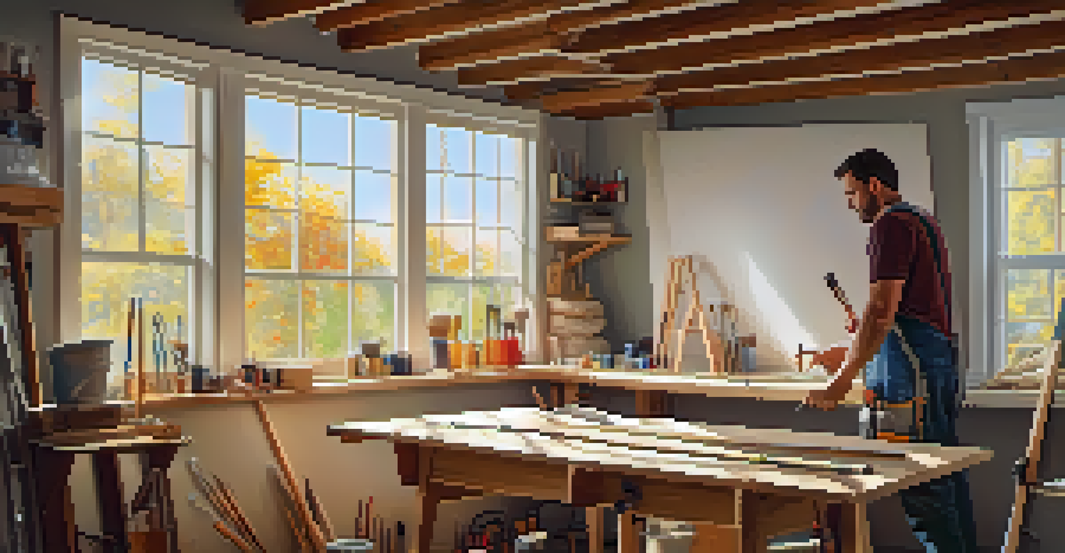 A homeowner in a DIY workshop installing insulation in an attic, surrounded by tools and materials.