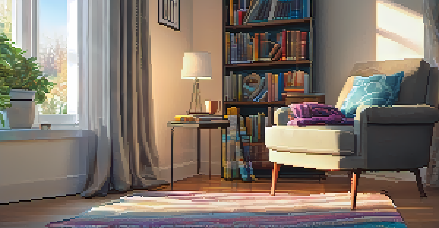 A warm and inviting reading nook in an open floor plan with an armchair, side table, and bookshelves.