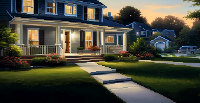 A bright front yard with trimmed bushes and motion sensor lights, indicating enhanced home security in a suburban setting.