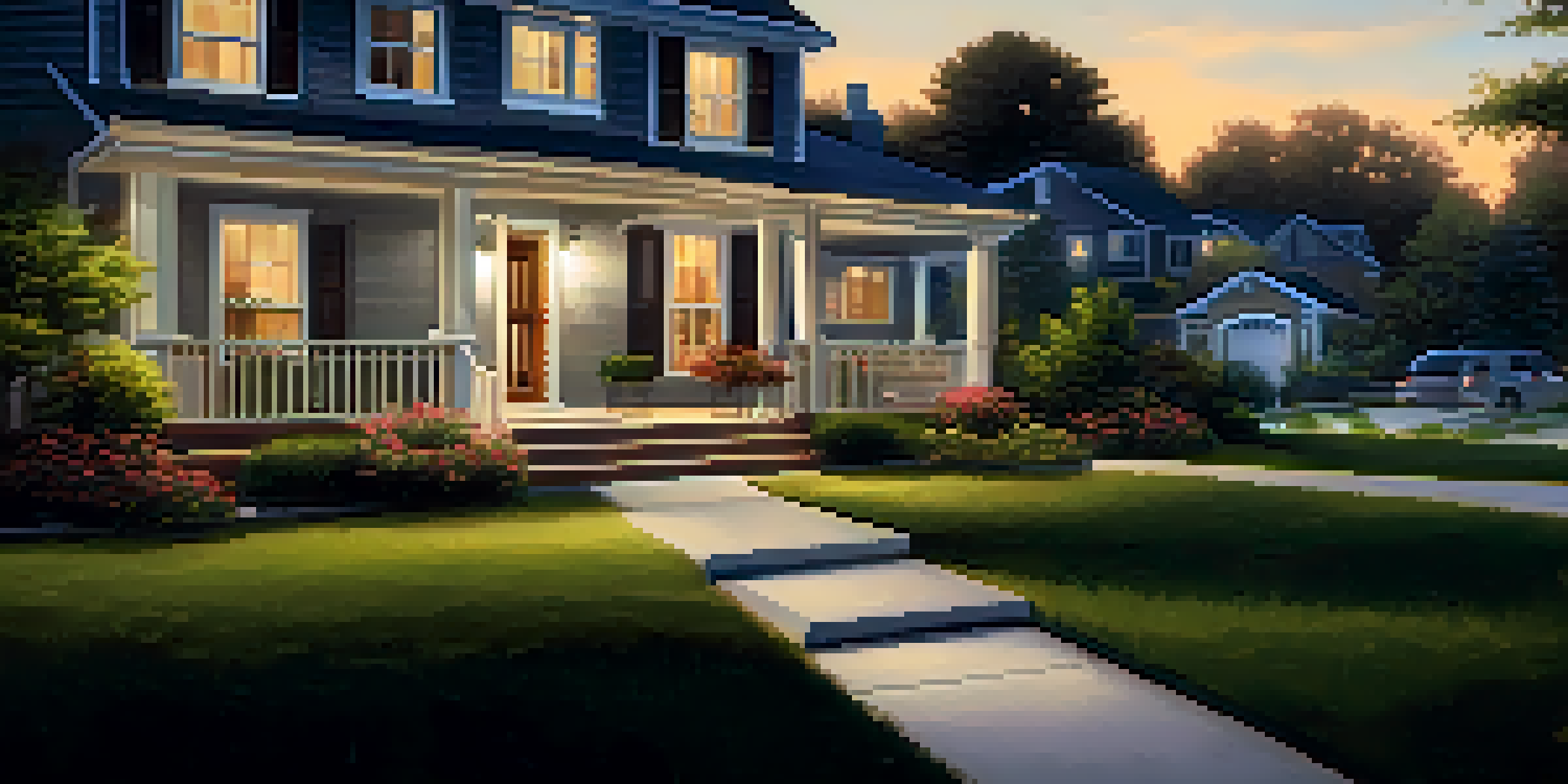 A bright front yard with trimmed bushes and motion sensor lights, indicating enhanced home security in a suburban setting.