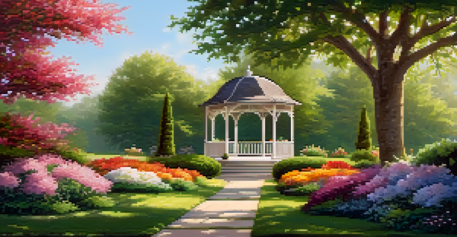 A beautiful garden with blooming flowers, a stone pathway, and a wooden gazebo under soft sunlight.