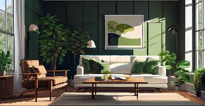 A cozy modern living room with a sofa, coffee table, sunlight streaming through windows, and green plants.