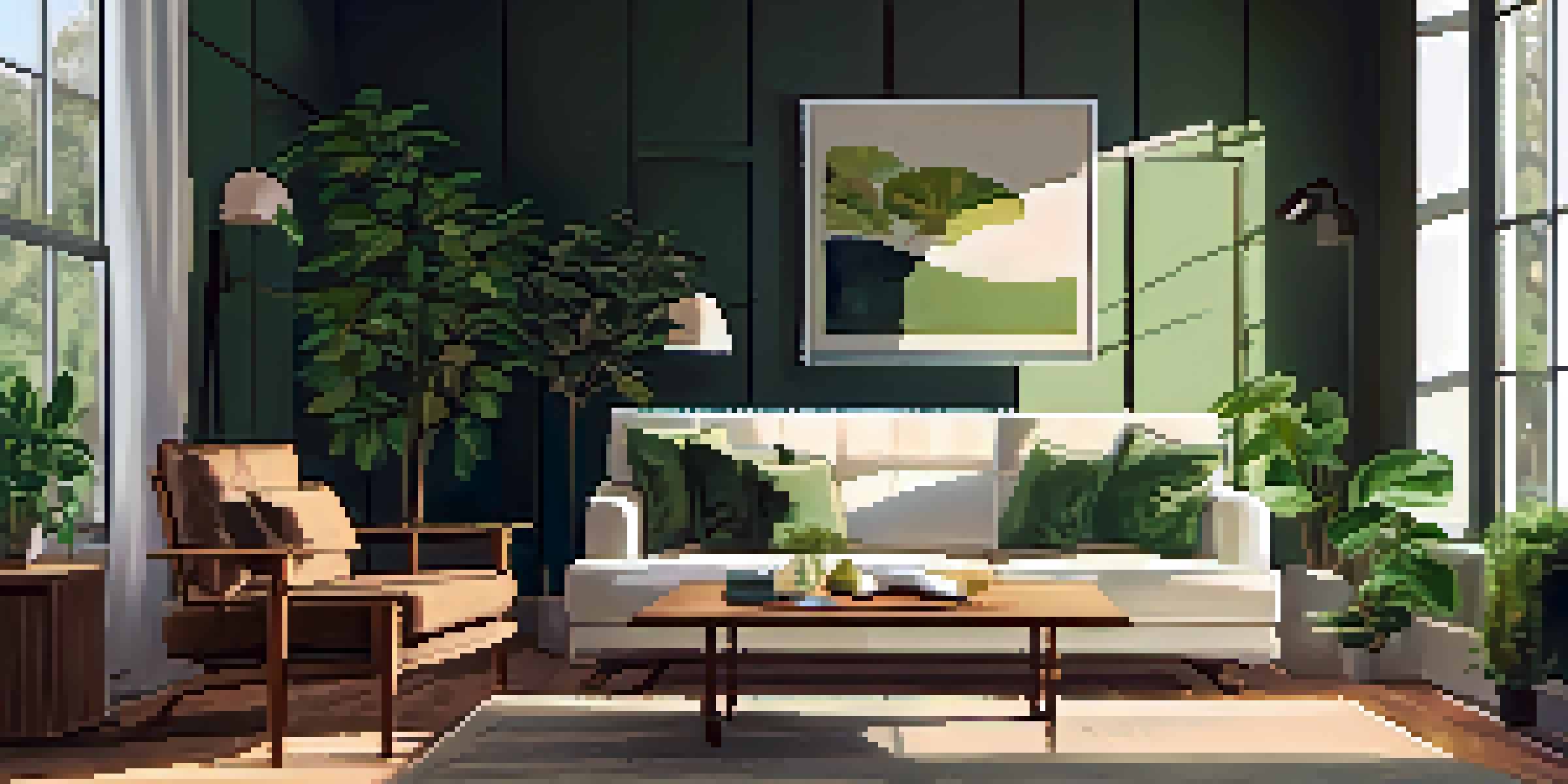 A cozy modern living room with a sofa, coffee table, sunlight streaming through windows, and green plants.