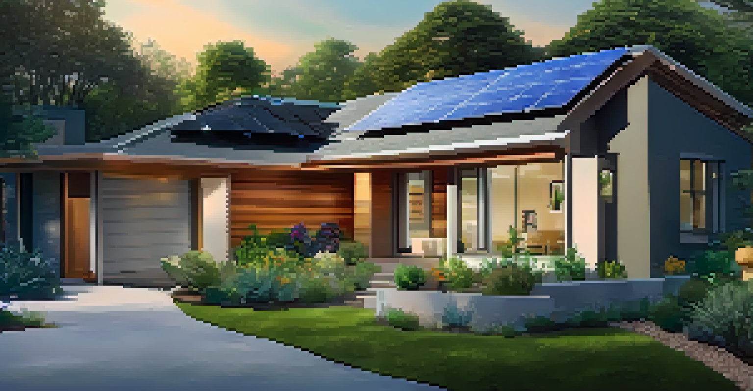 A modern home with solar panels surrounded by a vibrant garden, showcasing energy-efficient features.