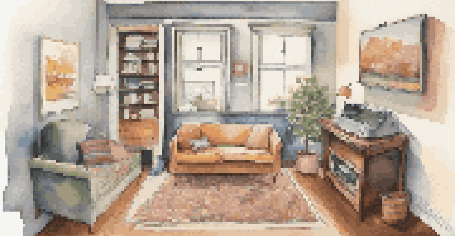 A cozy living room temporarily arranged for living during renovations, featuring a sofa, coffee maker, and labeled boxes.