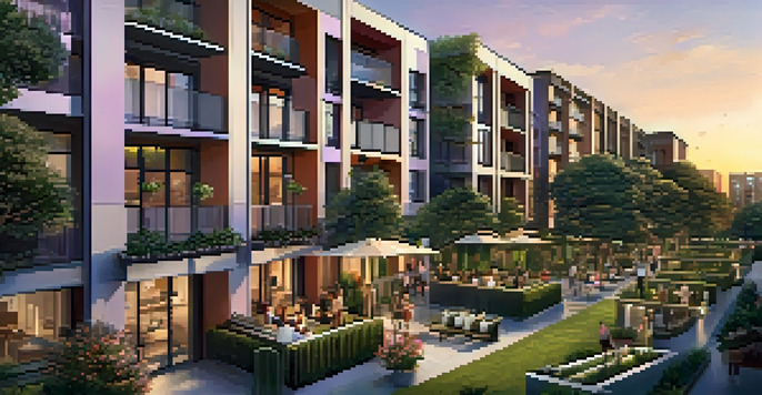 A contemporary multi-family housing complex with high-rise and garden-style apartments surrounded by greenery during sunset.