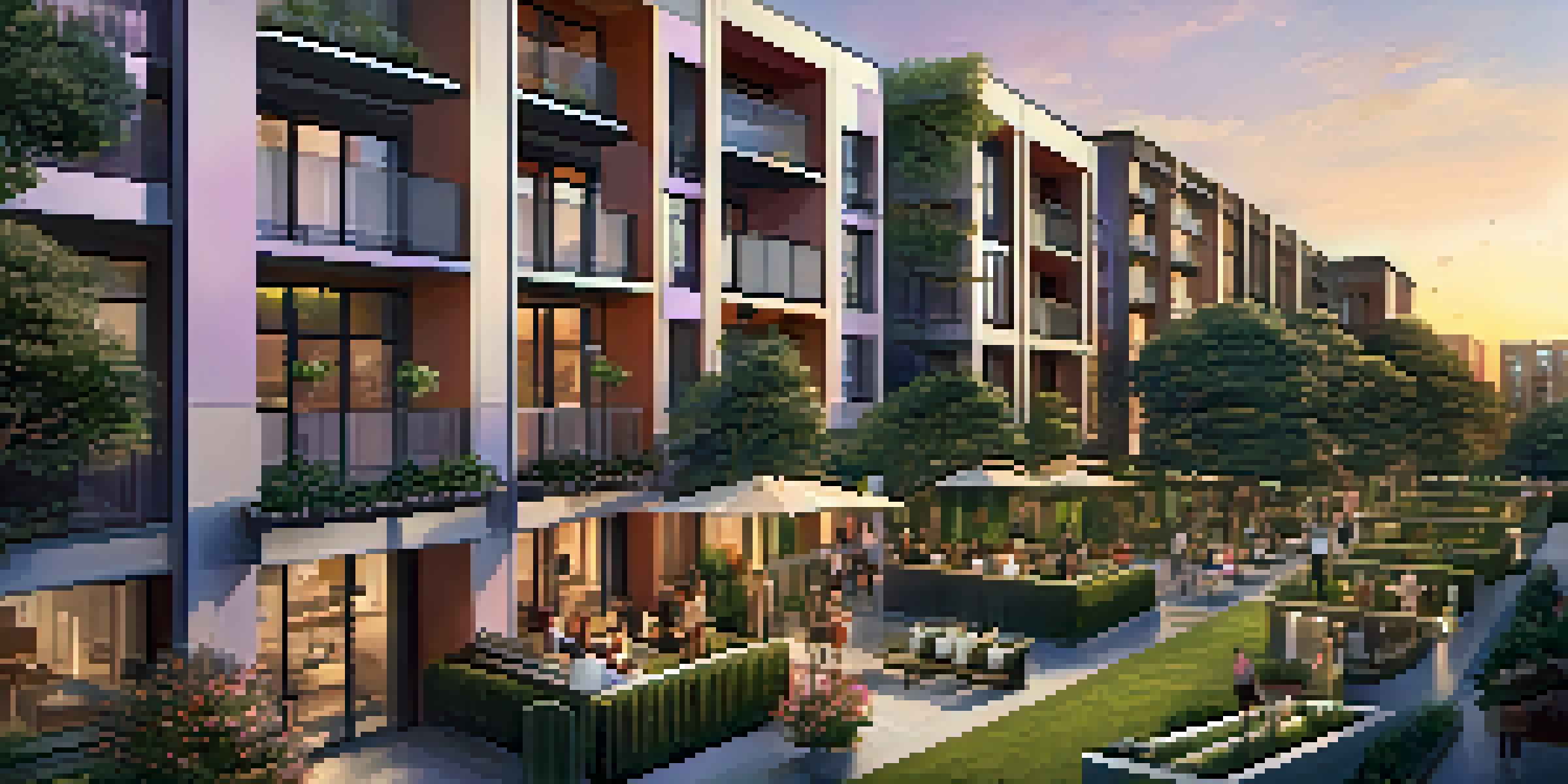 A contemporary multi-family housing complex with high-rise and garden-style apartments surrounded by greenery during sunset.