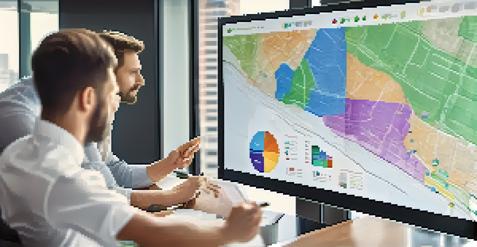 A close-up of a touchscreen showing an interactive GIS application with real estate professionals discussing.