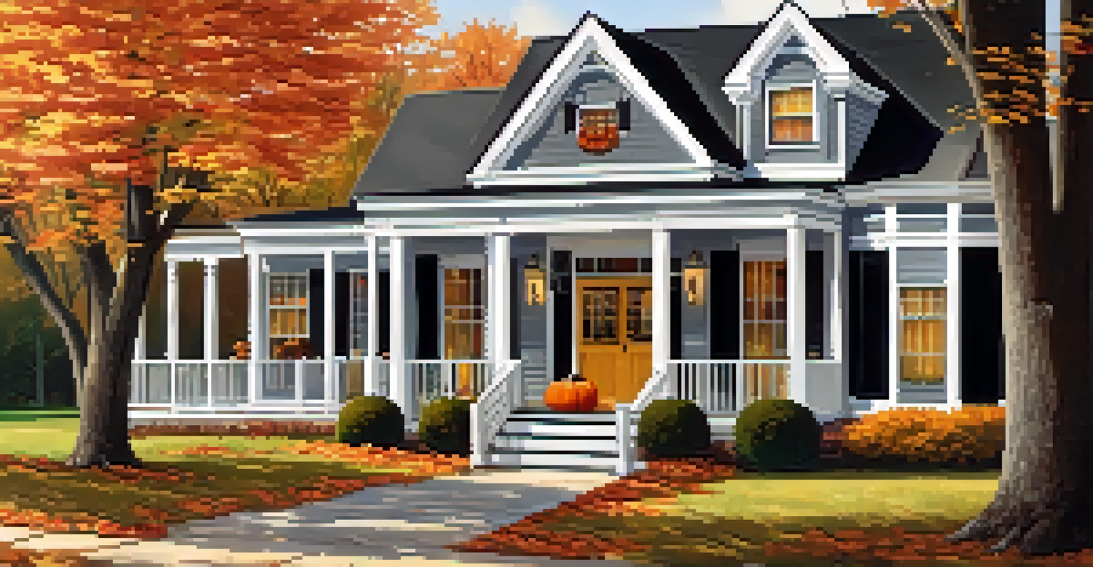 A charming home exterior in fall with pumpkins on the porch and colorful leaves on trees.