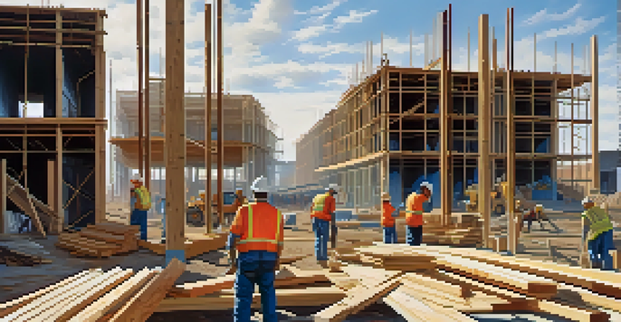 A busy construction site with workers in helmets using tools, surrounded by stacks of lumber and steel beams under a clear blue sky.