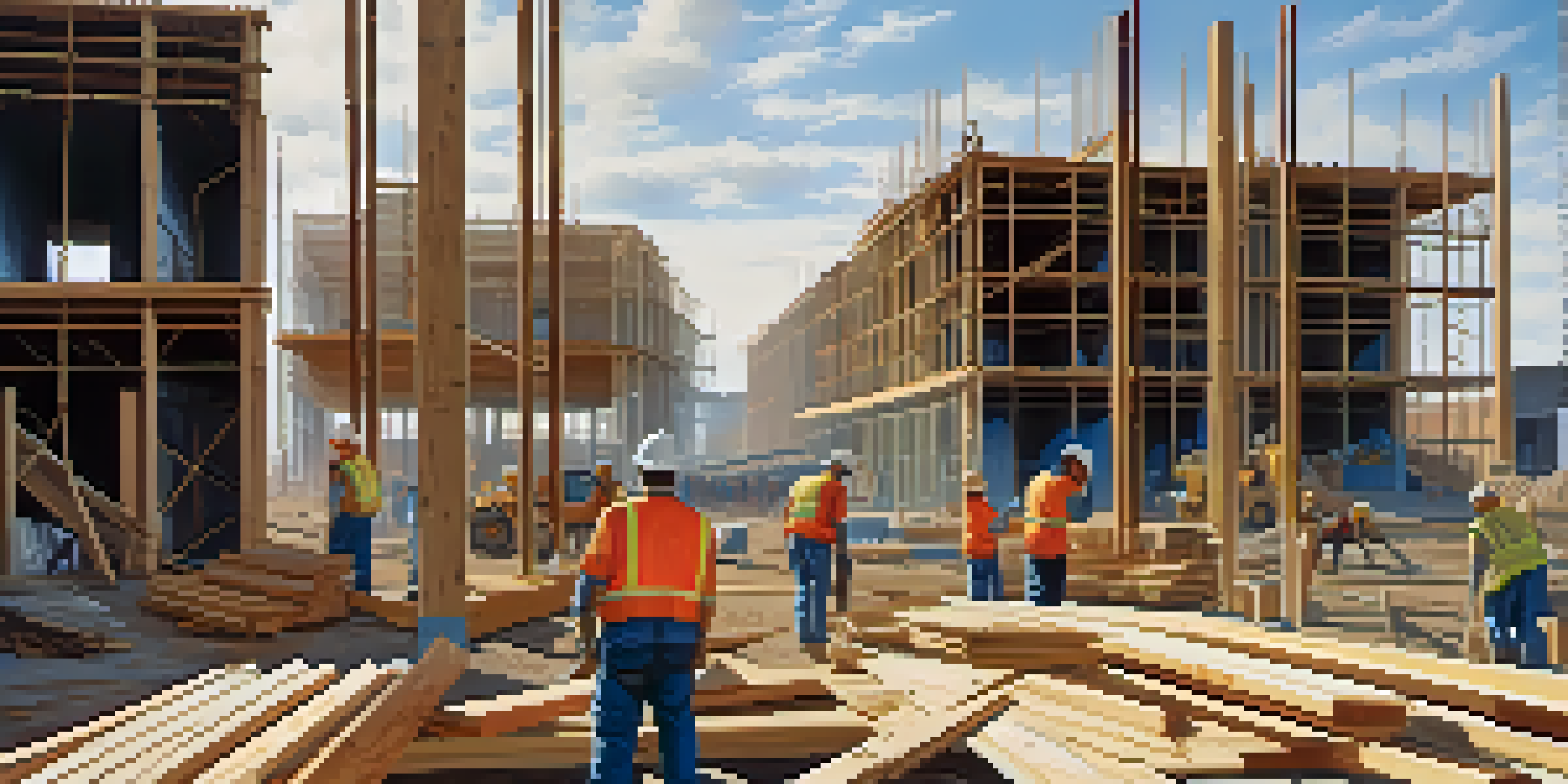 A busy construction site with workers in helmets using tools, surrounded by stacks of lumber and steel beams under a clear blue sky.