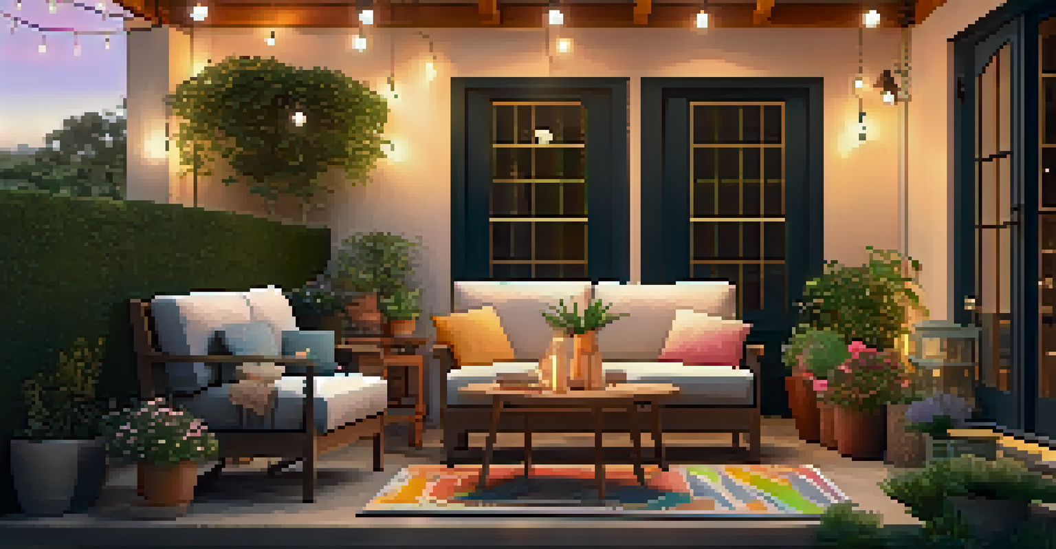 A peaceful outdoor patio with cozy seating, colorful plants, and fairy lights, illuminated by a warm sunset.