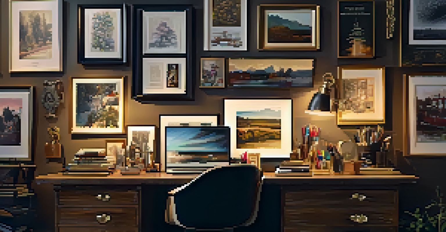 A workspace with repurposed vintage lighting, including a brass lamp and chandelier wall art, creating an inspiring atmosphere.