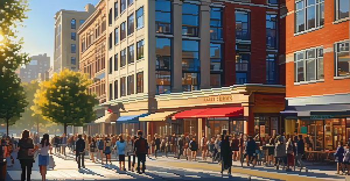 A lively cityscape with a modern apartment building surrounded by shops and parks during sunset.