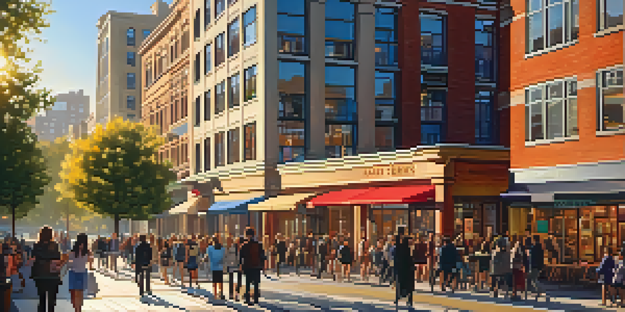 A lively cityscape with a modern apartment building surrounded by shops and parks during sunset.