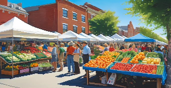 A lively farmers' market with colorful stalls filled with fruits, vegetables, and crafts, and diverse people shopping and enjoying the day.
