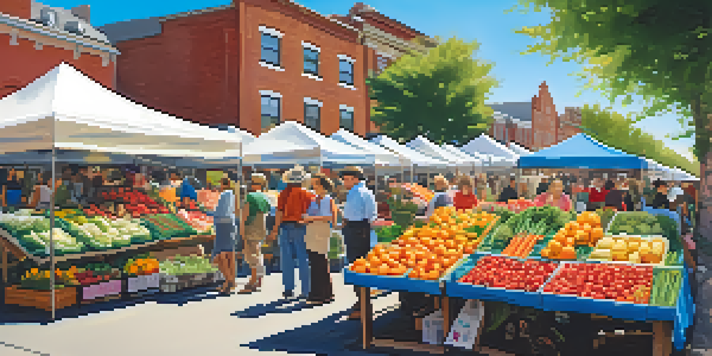 A lively farmers' market with colorful stalls filled with fruits, vegetables, and crafts, and diverse people shopping and enjoying the day.