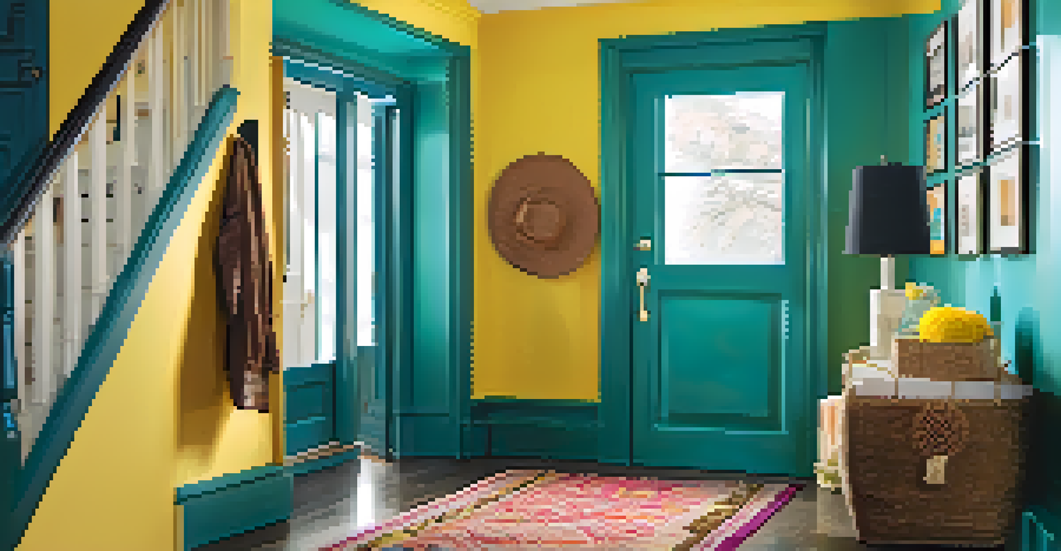 An inviting entryway with a vibrant teal accent wall, a sunny yellow front door, a decorative rug, coat hooks, and bright artwork.