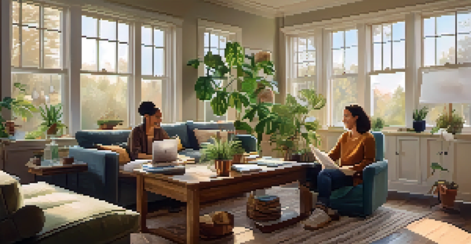 A couple joyfully finalizing their home purchase in a cozy living room with documents on the table.