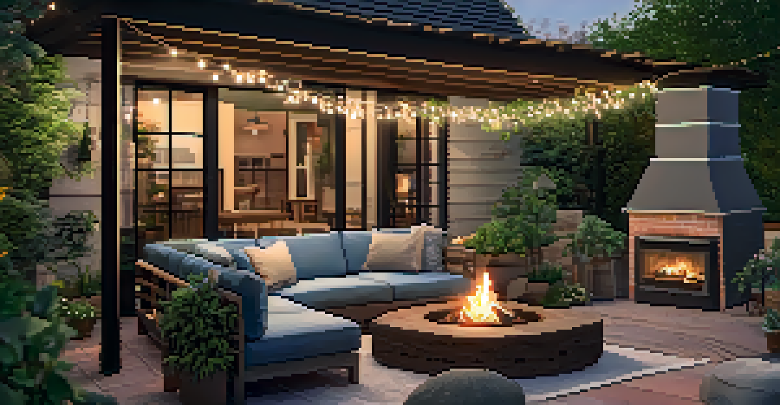 A cozy outdoor patio with comfortable seating, a fire pit, and string lights in a lush garden setting.