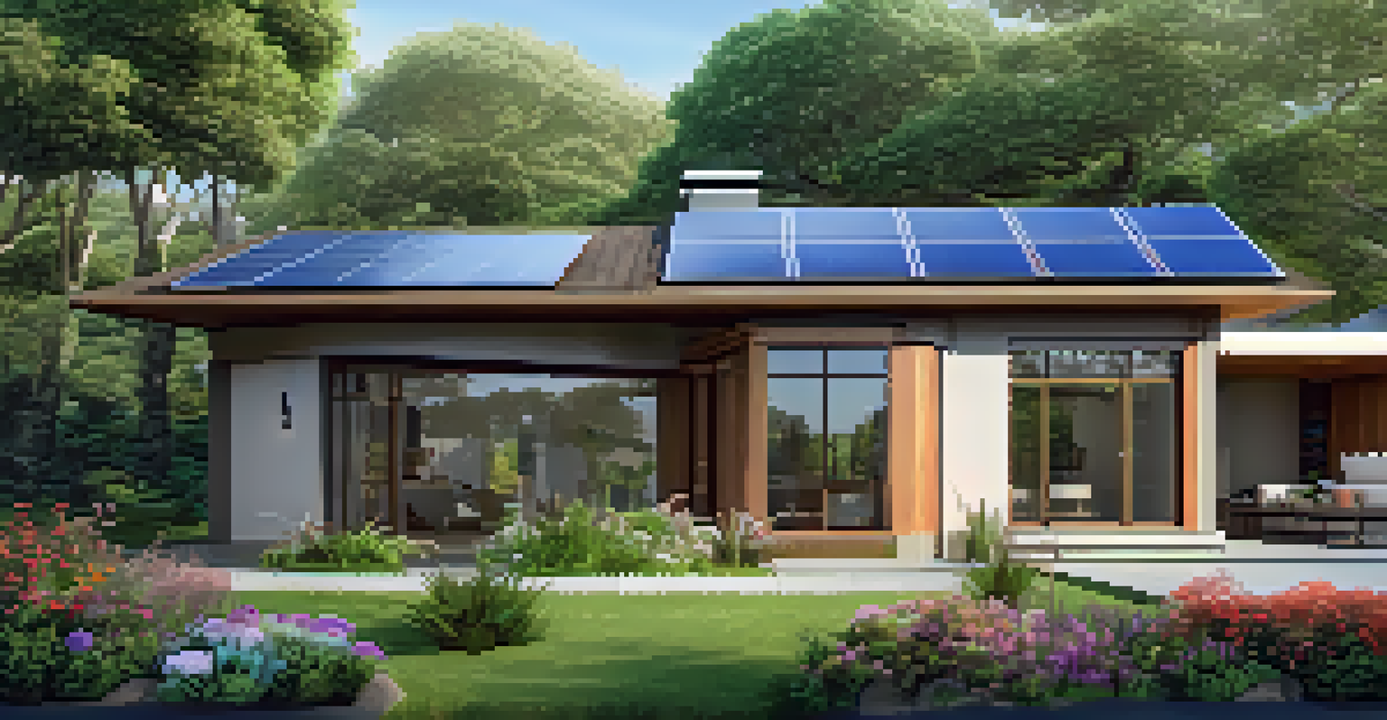 An eco-friendly home with solar panels and a garden surrounded by greenery.