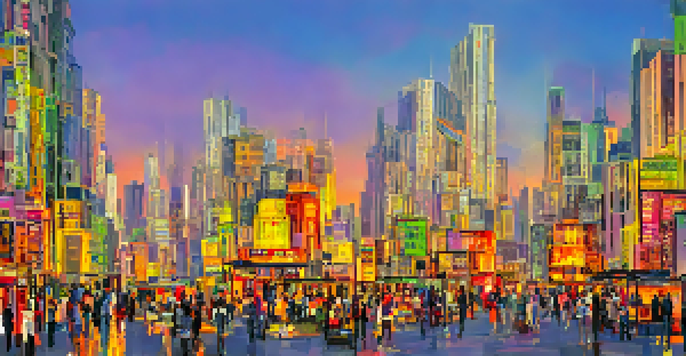 A colorful urban skyline at sunset with people walking along a busy street.